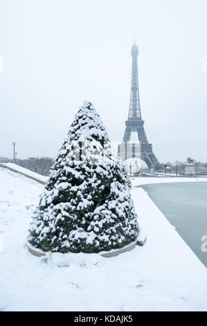 Eiffel tower and pine tree under the snow in winter - Paris Stock Photo