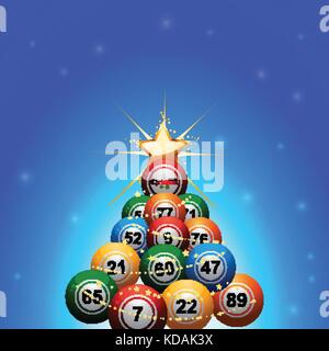 Christmas Tree made of Bingo Lottery Balls Decorated with Golden Star Over Blue Glowing Background Stock Vector