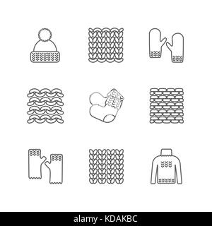 Knittind clothes, knitted samples thin line icons. Hat, mittens, socks, sweater and other hand-knitted garments. Knit vector set Stock Vector