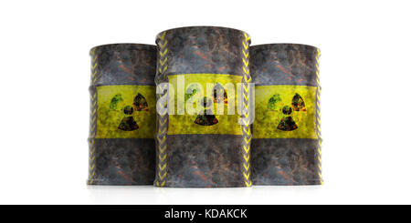 Toxic waste concept. Radiation symbol on oil barrels, white background. 3d illustration Stock Photo