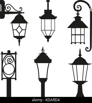 Street lamp black silhouette set isolated on white background. Stock Vector