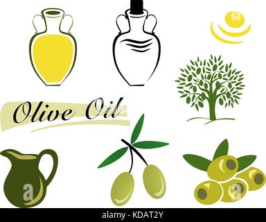 set of elements of olive oil. Branch with green olives Stock Vector