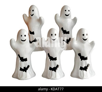 Five happy Halloween ghost ornaments with smiles and bats. Horizontal. Stock Photo