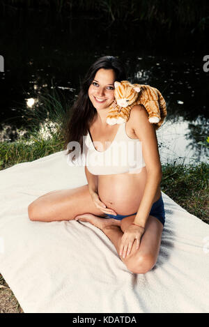 Pregnant Woman Cat Lake Park Outdoor Stock Photo