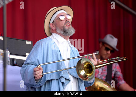 BARCELONA - JUN 16: Fat Freddy's Drop (band) perform in a concert at Sonar Festival on June 16, 2017 in Barcelona, Spain. Stock Photo