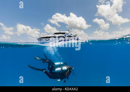 Split shot of divers and dive boat at Agincourt Reef, Great Barrier Reef Marine Park, Port Douglas, Queensland, Australia Stock Photo