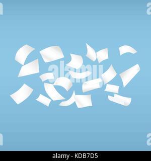 White curl paper notebook sheets for note or message falling on blue background. Stock Vector