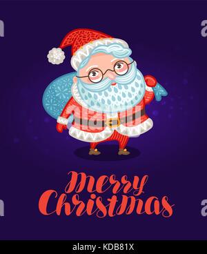 Merry Christmas, greeting card or xmas banner. Happy Santa Claus with big bag full of gifts. Vector illustration Stock Vector