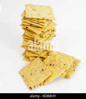 Tall stack of wheat crackers. Vertical. Stock Photo