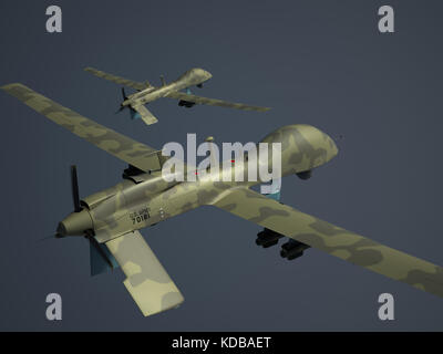 Two MQ-1C Gray Eagle military drone with hellfire missiles. Brown camouflage. 3d render. Stock Photo