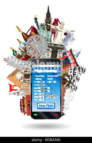 smartphone online flight booking with landmark Stock Vector
