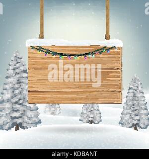christmas hanging wood board sign on snow Stock Vector