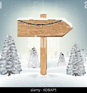 christmas direction wood board sign on snow Stock Vector