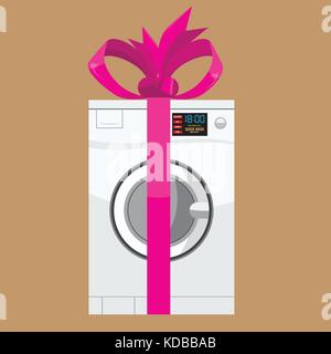 Washing machine in detail with pink ribbon for gift. Illustrated vector. Stock Vector
