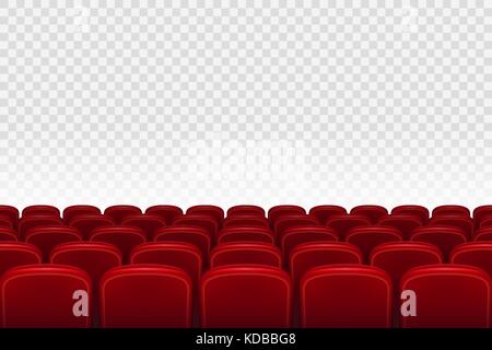 Empty movie theater auditorium with red seats. Rows of red cinema movie theater seats on transparent background, vector illustration Stock Vector