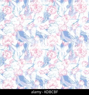 Seamless tender texture with doodle ornamental flowers and tribal elements in pastel pink and blue colors on white background Stock Vector