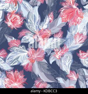 Boho style grey and red sketch doodle ornamental Seamless texture with tribal and floral elements on blue background Stock Vector