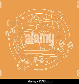 Vector illustration of the man jogging on a treadmill and different kinds of sports equipment arranged in a circle. Including icons of skipping rope,  Stock Vector