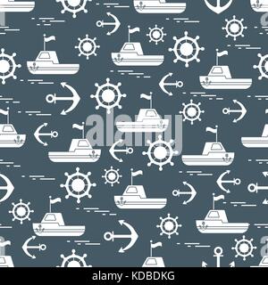 Cute seamless pattern with ships, steering wheels, anchors, flags. Marine theme. Design for poster or print. Stock Vector