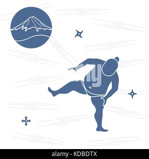 Vector illustration of sumo wrestler, shurikens and mountain Fuji. Japan theme. Stock Vector