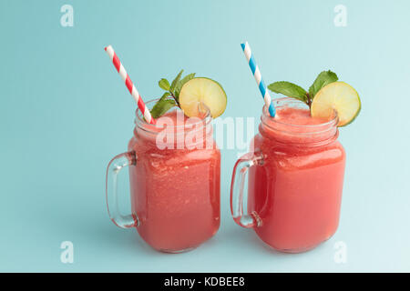 Watermelon smoothie in mMason jars with copy space Stock Photo