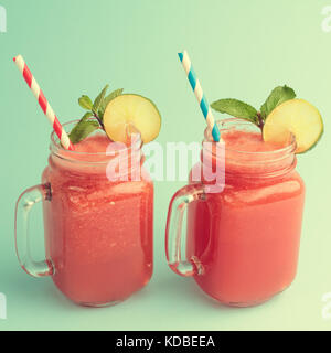 Fresh watermelon smoothie in Mason jars Stock Photo