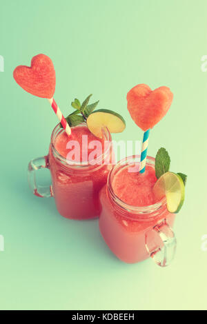 Sweet watermelon smoothie in Mason jars Stock Photo