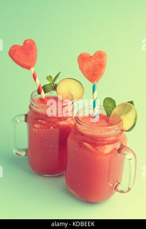 Watermelon smoothie in Mason jars Stock Photo