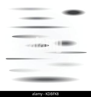 Set of differnt form and size black transparent shadows with soft edges isolated on white background. Element for product design. Stock Vector