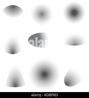 Set of differnt form and size black transparent shadows with soft edges isolated on white background. Element for product design. Stock Vector