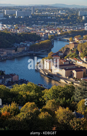 LYON, FRANCE, October 11, 2017 : Saone river and west districts of the city from the roofs of Basilica of Fourviere. Stock Photo