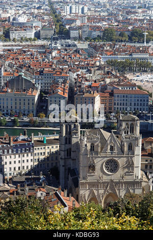 LYON, FRANCE, October 11, 2017 : Cathedral Saint-Jean seen from Fourviere hill. The cathedral is known as a 'Primatiale' because in 1079 the Pope gran Stock Photo