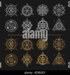 Set of gold and white sacred symbols on black background. Vecto Stock Vector