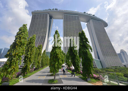 Singapore. The Marina Bay Sands, huge hotel complex with three hotels of 55 floors, a rooftop terrace covering one hectare, 2.560 rooms, a casino and  Stock Photo