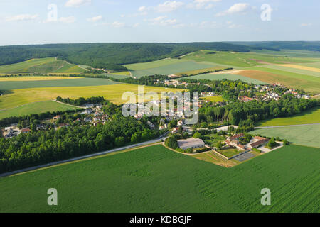 Fontaine-sur-Ay (north-eastern France). Aerial view of the village and the surrounding countryside with the vines of Champagne. Stock Photo