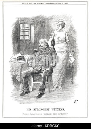 The Dreyfus affair.  Punch Cartoon of Dreyfuss in his cell being encouraged by a symbol of truth & justice during his second trial in August 1899 Stock Photo