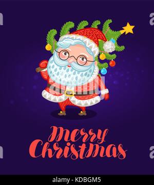 Merry Christmas, greeting card. Cute Santa Claus carries xmas tree with decorations. Festive vector illustration