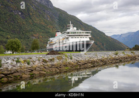 The MS Balmoral cruise liner visiting Hellesylt on the Norwegian Fjord of Sunnylvsfjorden Stock Photo