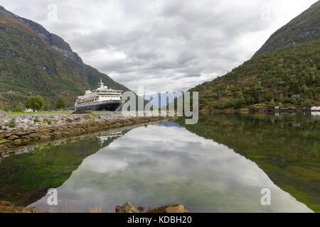 The MS Balmoral cruise liner visiting Hellesylt on the Norwegian Fjord of Sunnylvsfjorden Stock Photo