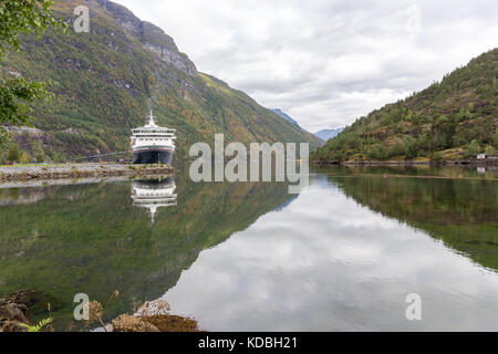 The MS Balmoral cruise liner visiting Hellesylt on the Norwegian Fjord of Sunnylvsfjorden Stock Photo