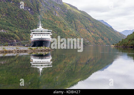 The MS Balmoral cruise liner visiting Hellesylt on the Norwegian Fjord of Sunnylvsfjorden Stock Photo