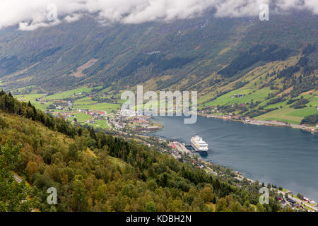 The MS Balmoral cruise liner visiting Olden on the Norwegian Fjord of Nordfjorden Stock Photo