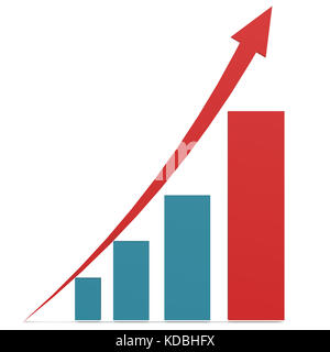 Red arrow and blue bar chart image with hi-res rendered artwork that could be used for any graphic design. Stock Photo