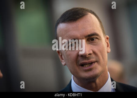 Rome, Italy. 11th Oct, 2017. Rome, Italy October 11, 2017 Supporters of the anti-establishment 5-Star Movement (M5S) stage a protest outside the Lower House against the government's decision to put a bill for a new election law to confidence votes, in Rome, Italy, 11 October 2017. The M5S say the bill is designed to scupper their chances of winning the next election, set to take place early in 2018. in the pictured Rocco Casalino 5 Star Movement (M5S) Credit: Andrea Ronchini/Pacific Press/Alamy Live News Stock Photo