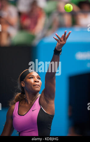 Serena Williams (USA) defeated V. Dolonc (SRB) 6-1, 6-2 during day three play of the 2014 Australian Open. Temperatures in Melbourne's Rod Laver Arena Stock Photo