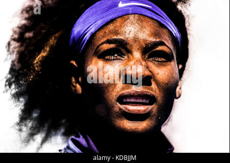 Serena Williams in play at The 2013 Australian Open - a Grand Slam Tournament - is the opening event of the tennis calendar annually. The Open is held Stock Photo