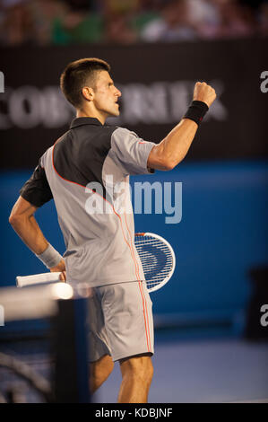 Novak Djokovic (SRB) went up against unseeded Lucas Lacko (SVK)  in day one play of the 2014 Australian Open In Melbourne. Djokovic defeated Lacko 6-3 Stock Photo