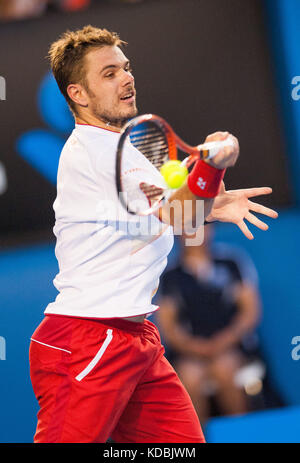 Stanislaus Wawrinka of Switzerland defeated the number one player in the world R. Nadal of Spain to claim the 2014 Australian Open Men's Singles Champ Stock Photo