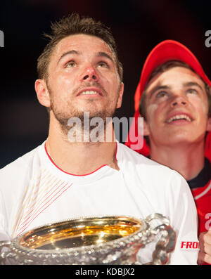 Stanislaus Wawrinka of Switzerland - here with the championship trophy -defeated the number one player in the world R. Nadal of Spain to claim the 201 Stock Photo