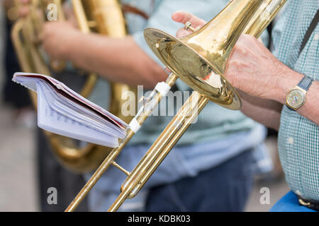 Asti, Italy - September 10, 2017: detail of the musician playing the trombone Stock Photo